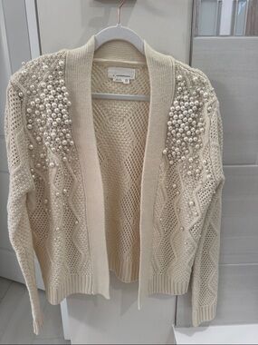Anthropologie Cream Pearl-Embellished Open Knit Cardigan